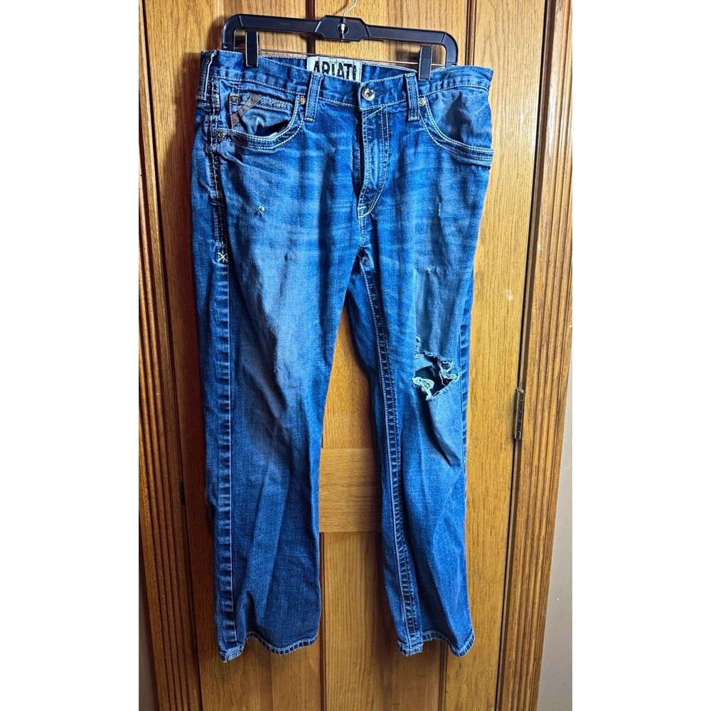 Ariat Men's Blue Denim Straight Low Rise Slim Fit Distressed 5-Pocket Jean